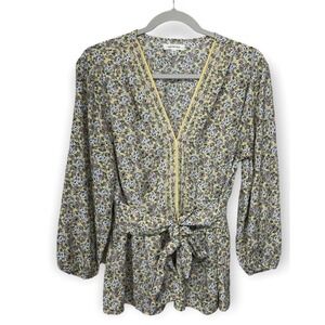 Max Studio Women Yellow Floral V-Neck Tie Waist Balloon Sleeve Blouse Top Medium